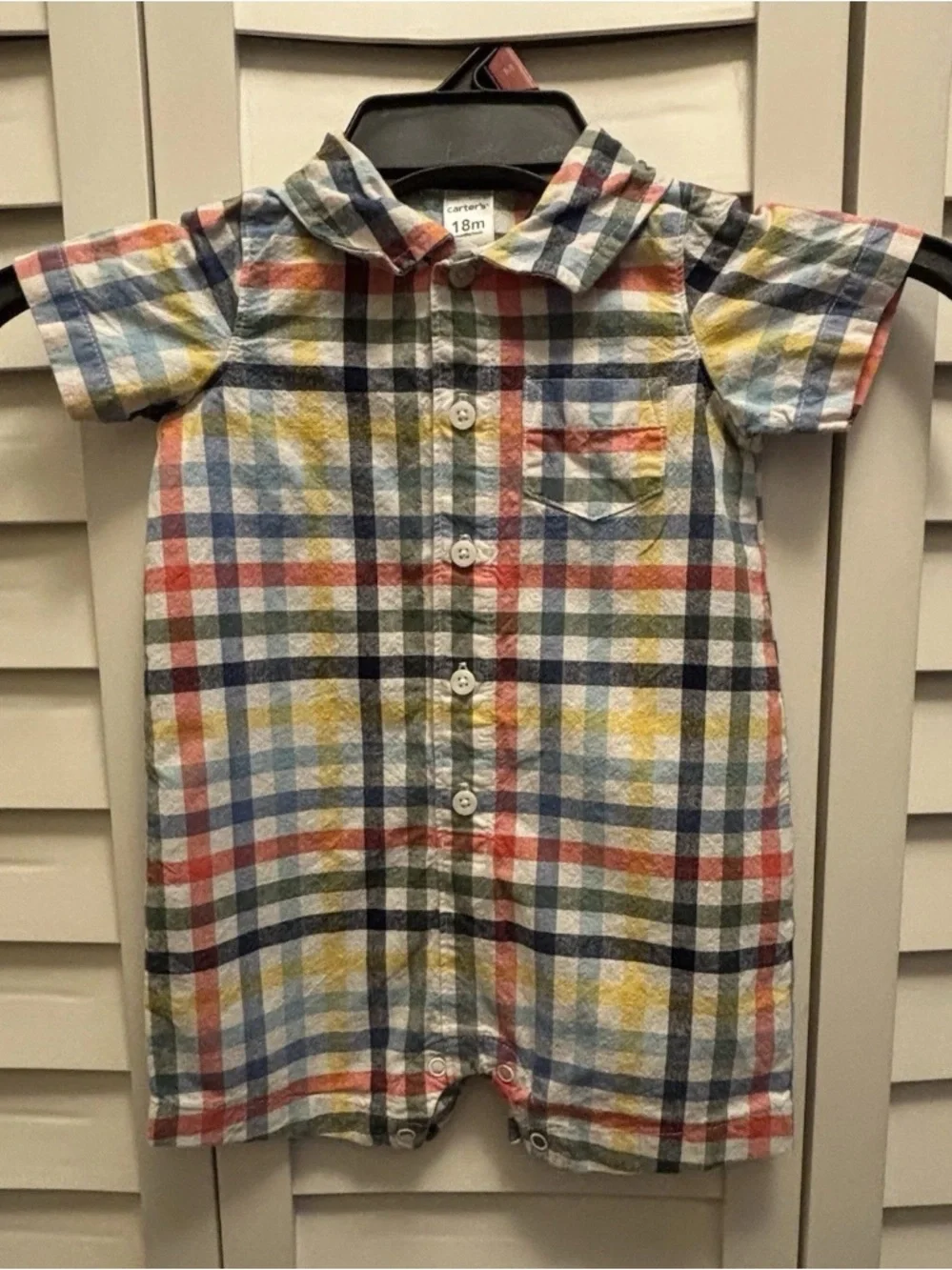 Carter’s Romper Boys 18M Plaid Button Down Collared Short Sleeve Snap One Piece